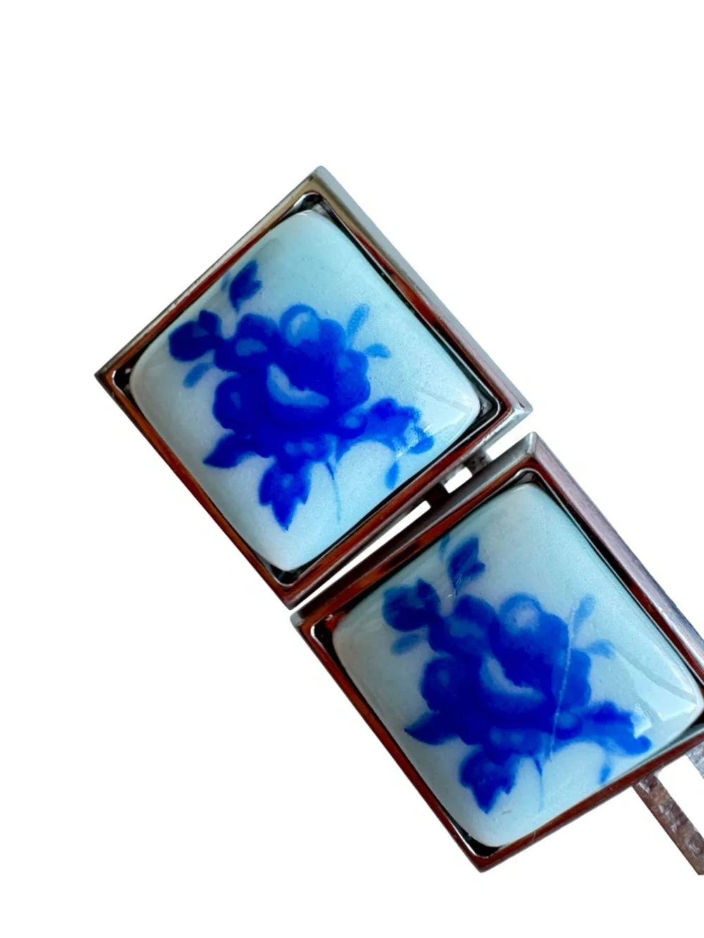 Vintage Japanese Blue White Porcelain Cufflinks Tie Clip Set Floral Signed GQA
